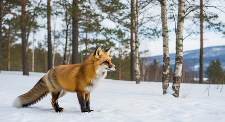 a beautiful red fox standing in the snow in a forest on a cold winter day, looking alert and focusedの写真素材
