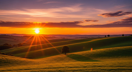 A scenic view of rolling hills under a vibrant sunset with trees in the foreground of the image.の写真素材