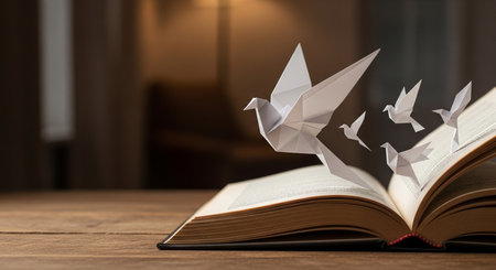 a book is open, with origami birds flying out. the setting is warm and inviting, full of imagination.の写真素材
