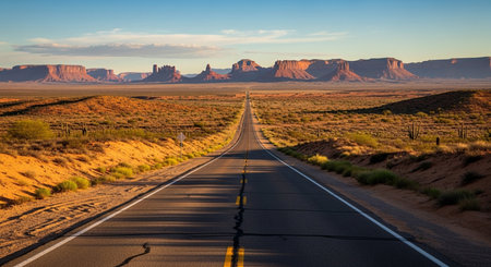 a long road stretches through the desert towards the iconic monument valley formations in arizonaの写真素材
