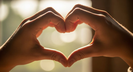 Two hands are forming a heart shape, symbolizing love and affection against a blurred background light sourceの写真素材