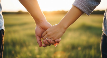 A close up shot of a couple holding hands in a field at sunset, with a wedding ring visible on her finger.の写真素材