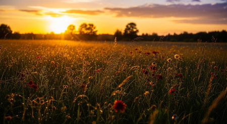 A beautiful field of wildflowers during sunset. The trees are silhouetted against the bright sky.の写真素材