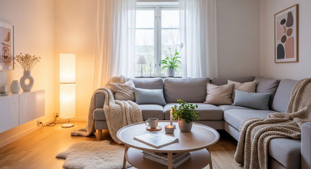 a cozy living room with a gray sectional sofa, round coffee table, and bright natural light from the windowの写真素材