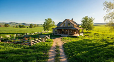 aerial view of a farmhouse with a porch and garden in a green field under a clear blue sky on a sunny dayの写真素材