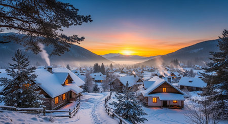 a snowy village scene at sunset with cozy houses and mountains, creating a peaceful winter landscape viewの写真素材