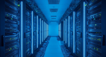 a long server room hallway with blue neon lights illuminating the data racks in a modern data center...