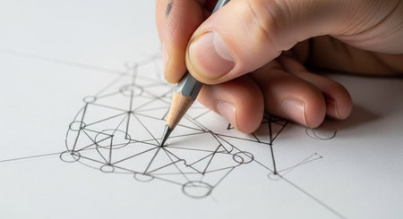 a hand is drawing geometric shapes with a pencil on white paper creating a complex and detailed designの写真素材
