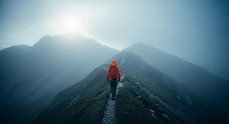 A lone hiker with an orange backpack walks a narrow mountain ridge shrouded in fog and bright sunlight ahead.の写真素材