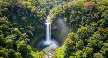 a stunning waterfall plunges into a pool, surrounded by a vibrant, lush green tropical rainforest...
