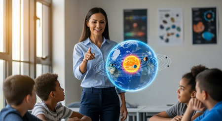 african american teacher pointing at earth globe in classroom during lessonの写真素材
