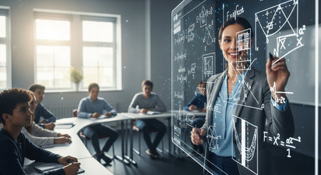 a teacher explains math on a transparent screen, in front of students sitting at desks in a classroomの写真素材