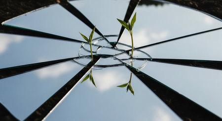 a broken mirror with two sprouts growing out of it, reflecting the sky and clouds in the glass piecesの写真素材
