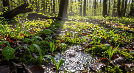 sunlight shines through the trees onto a forest floor with rain, plants and moss creating a serene...