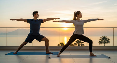 a couple doing yoga poses on a balcony with a beautiful ocean view during a vibrant sunset backdrop sceneの写真素材