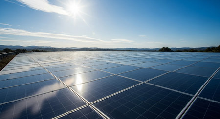 a vast array of solar panels gleams under a clear blue sky reflecting the sun and the distant...