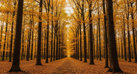 a symmetrical path through a forest in autumn, with golden leaves covering the ground and tall...