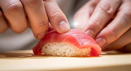 close up shot of hands preparing tuna nigiri sushi on a wooden board, a culinary delight in progressの写真素材