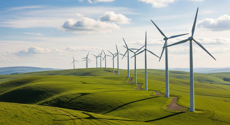 Wind turbines on green hills in Tuscany, Italy, Europe