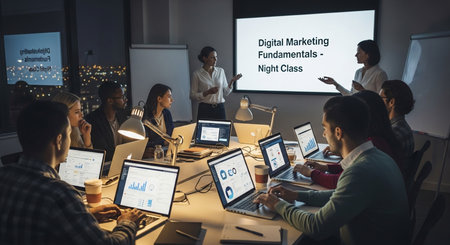 a digital marketing night class presentation with business professionals working on laptops in a dark officeの写真素材