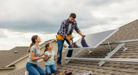 A family is installing solar panels on their roof, promoting renewable energy and a sustainable...