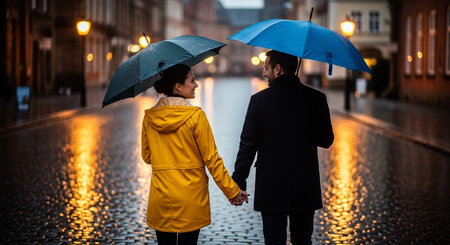 a couple walks hand in hand in the rain on a city street with umbrellas and reflections on the wet groundの写真素材
