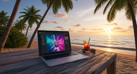 laptop on a wooden table with a cocktail and sunglasses at the beach during a beautiful sunset view