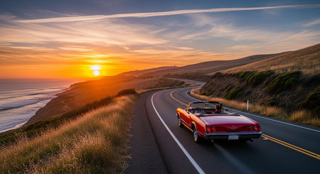 a red convertible drives along a coastal highway at sunset with the ocean and hills in the backgroundの写真素材