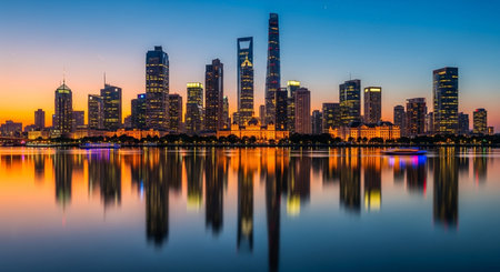 shanghai cityscape at dusk reflecting in water with a colorful sky and city lights creating a...