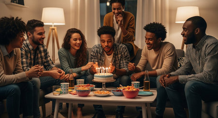 a group celebrates a birthday with cake and candles in a cozy living room, sharing joy and friendshipの写真素材