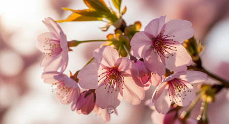 a close up of cherry blossoms with pink petals and a water droplet, capturing the essence of spring bloomの写真素材