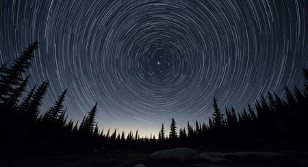 a night landscape showing star trails above a forest, captured with a long exposure and dark conditionsの写真素材