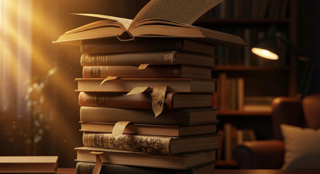 a stack of books with bookmarks and an open book on top, illuminated in a dimly lit library setting
