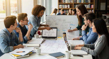 students working together on a project, using a laptop and whiteboard to discuss ideas and collaborate closelyの写真素材
