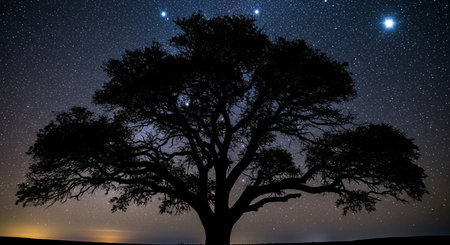 A silhouetted tree stands tall beneath a vast, star-studded night sky, creating a serene and mystical scene.の写真素材