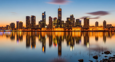 city skyline at dusk reflected in water with illuminated buildings and a beautiful colorful twilight skyの写真素材