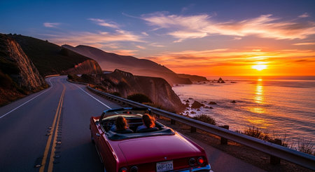 a red convertible drives along a coastal highway with a beautiful sunset and ocean views in the backgroundの写真素材