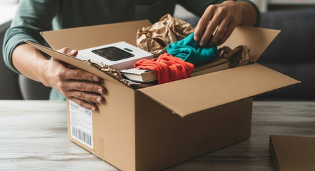 a person is packing a cardboard box with clothes books and a phone on a marble surface indoors sceneの写真素材