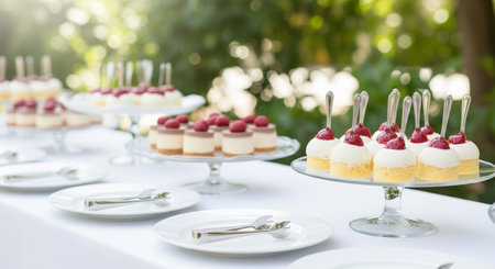 a dessert table featuring mini cheesecakes topped with raspberries and plates on a white tablecloth outsideの写真素材