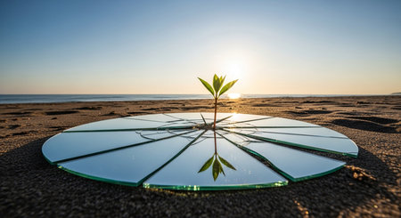 a small plant grows through a broken mirror on a sandy beach during a sunset with the ocean in backgroundの写真素材