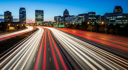 a long exposure shot of a highway with light trails leading to a city skyline under a blue evening...