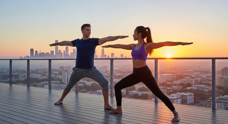 a man and woman practice yoga on a rooftop with a city skyline at sunrise, promoting health and wellnessの写真素材