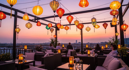 Lanterns on the terrace of a restaurant at sunset