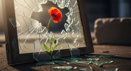 broken window with a red poppy flower on the street. 3d rendering