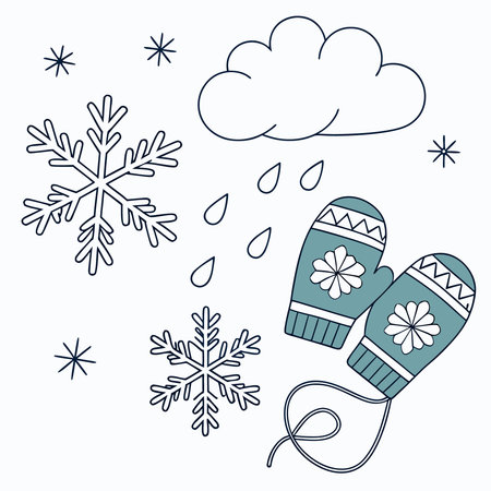 Vector illustration of winter elements: mittens, cloud, snowflakes.のイラスト素材