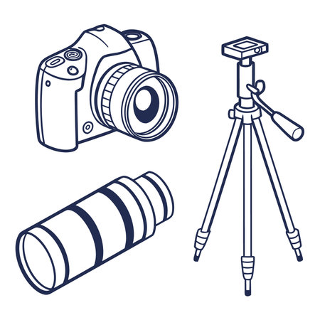 Camera and tripod isolated on white background. Vector illustration in outline style.のイラスト素材
