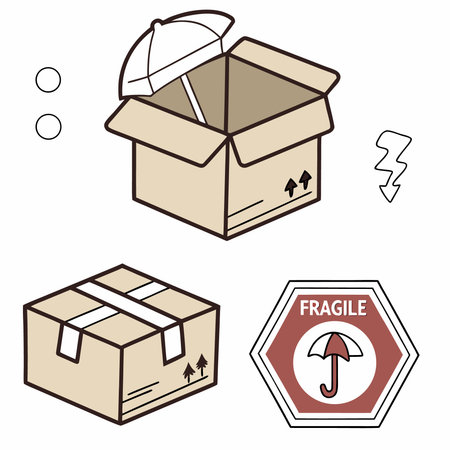 Packaging icons set. Carton box, cardboard box, open box, closed box, fragile boxのイラスト素材