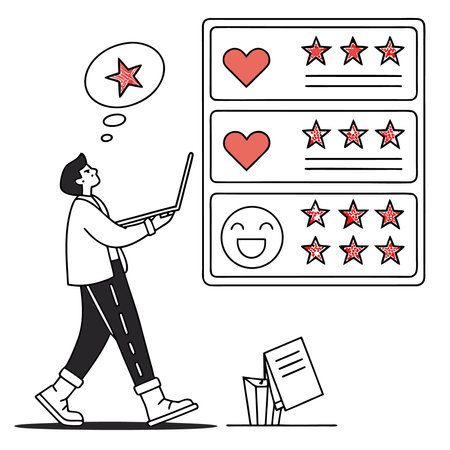 Customer reviews concept. Man with laptop and rating stars. Vector illustrationのイラスト素材