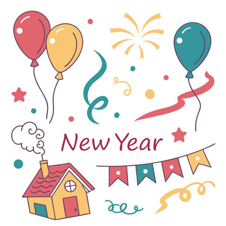 New Year card with house, balloons and garlands. Vector illustration.のイラスト素材