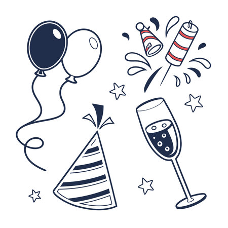 Birthday icons set. Vector illustration in doodle style.のイラスト素材